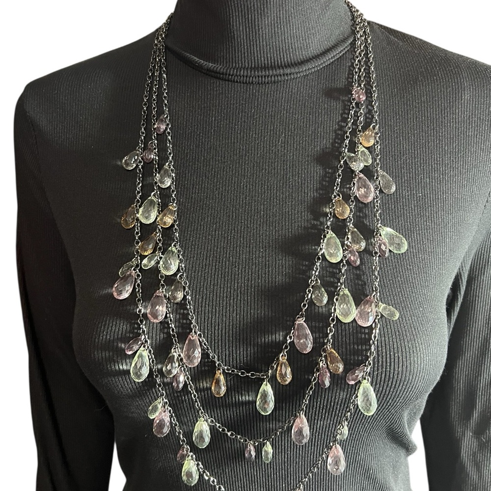 Ann Taylor Loft Necklace Multistrand Gunmetal Layered Multicolor Faceted Beads